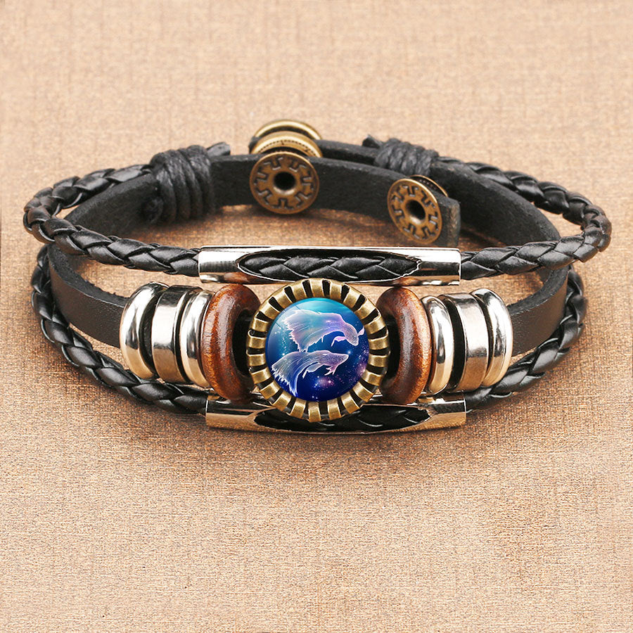 Wholesale Retro Multi-Layer Beaded Twelve Constellations Time Gem Leather Bracelet