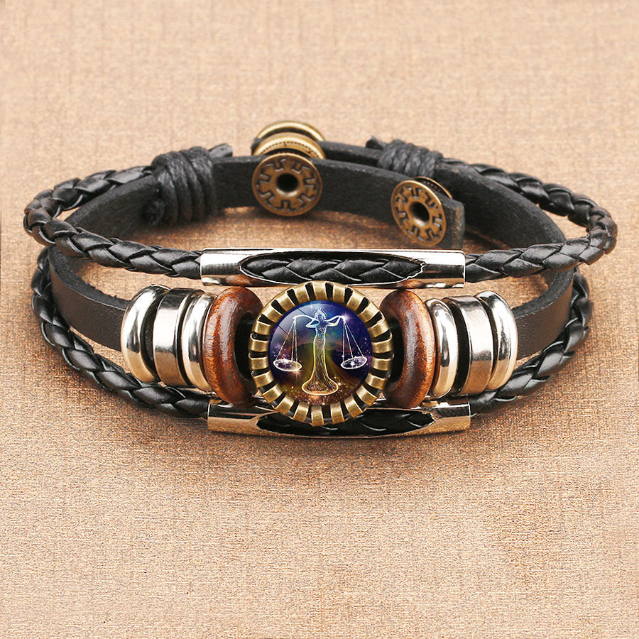 Wholesale Retro Multi-Layer Beaded Twelve Constellations Time Gem Leather Bracelet