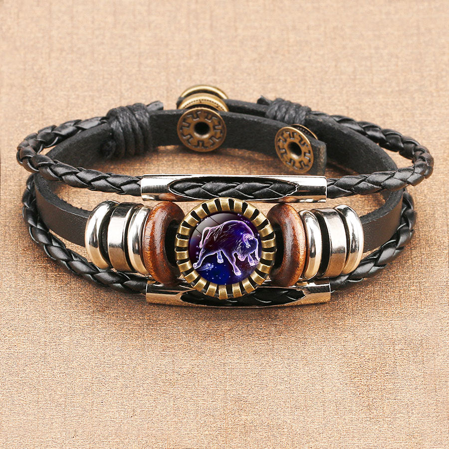 Wholesale Retro Multi-Layer Beaded Twelve Constellations Time Gem Leather Bracelet