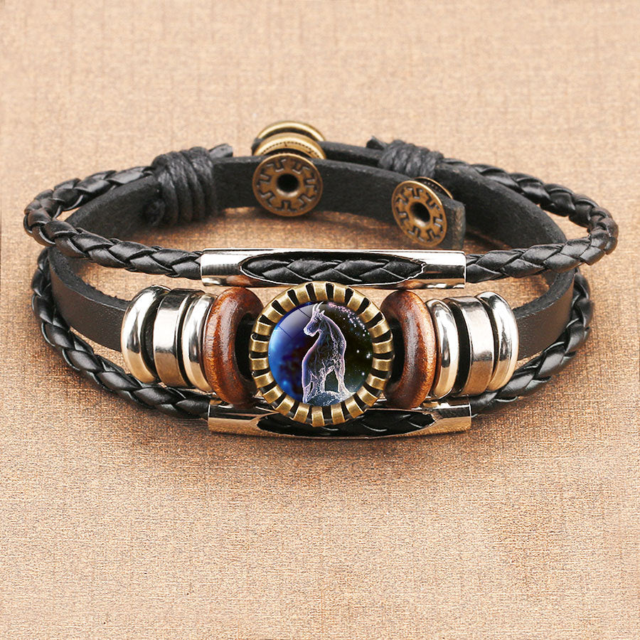 Wholesale Retro Multi-Layer Beaded Twelve Constellations Time Gem Leather Bracelet