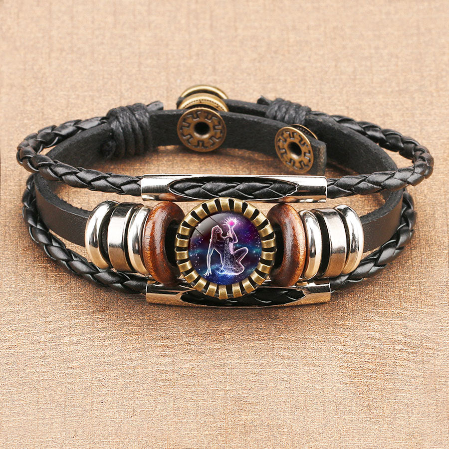 Wholesale Retro Multi-Layer Beaded Twelve Constellations Time Gem Leather Bracelet