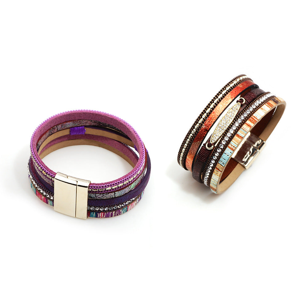 Wholesale multi-layer colorful bohemian magnetic clasp leather bracelet