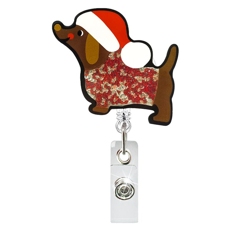 Wholesale Acrylic Quicksand Christmas Dog Old Man Telescopic Rotating Badge Keychain ACC-KC-QiDing013