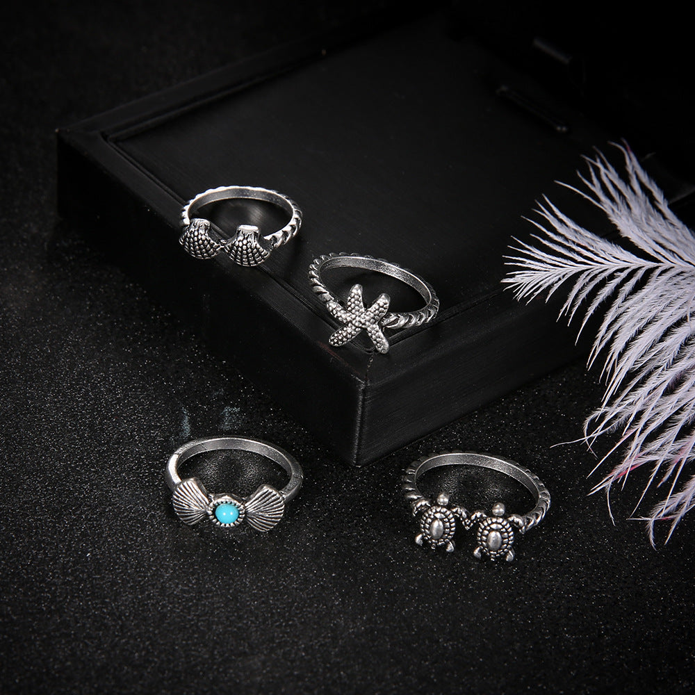 Wholesale Alloy Summer Beach Starfish Shell Turtle Ring Set ACC-RS-KeRen003