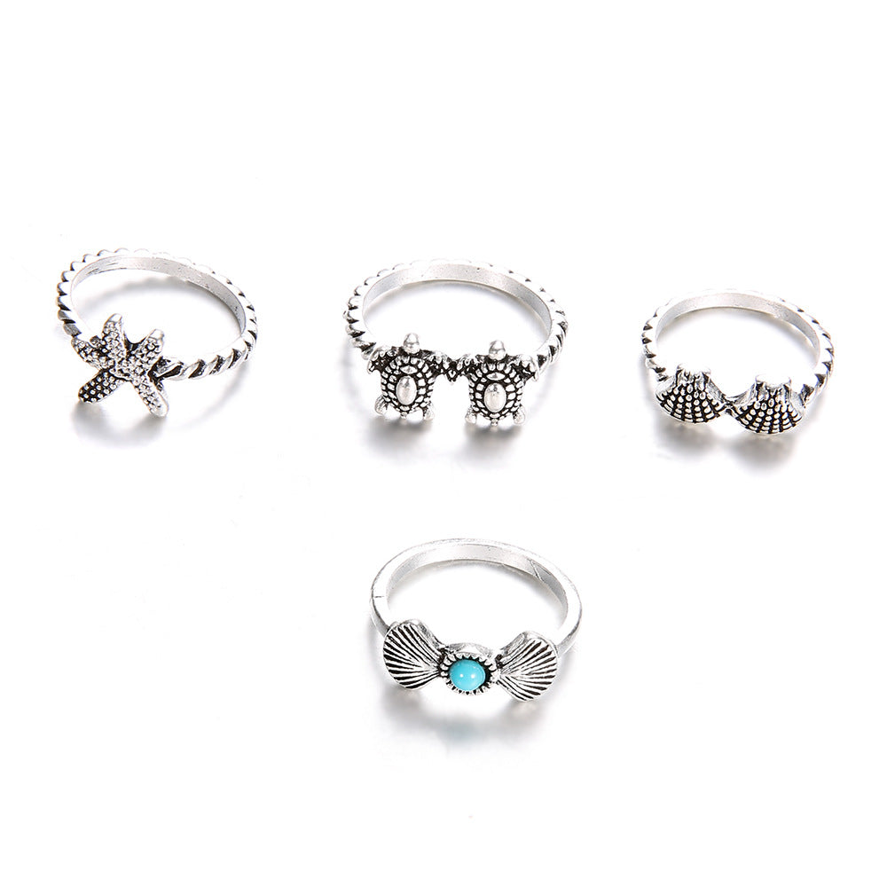 Wholesale Alloy Summer Beach Starfish Shell Turtle Ring Set ACC-RS-KeRen003