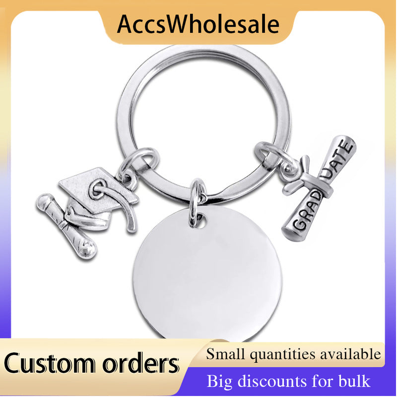 Custom Keychains with Laser Engraved Text or Logo - Graduation Heart Shaped Round Metal Keychain