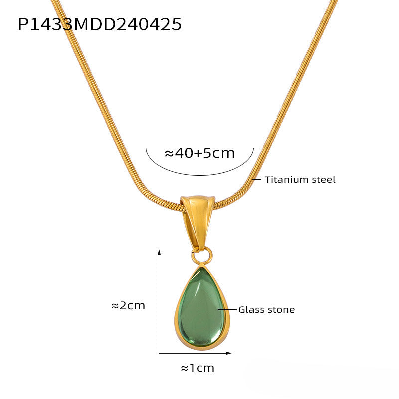 Wholesale Retro Love Water Drop Glass Stone Pendant Titanium Steel Gold Plated Necklaces ACC-NE-OMK007