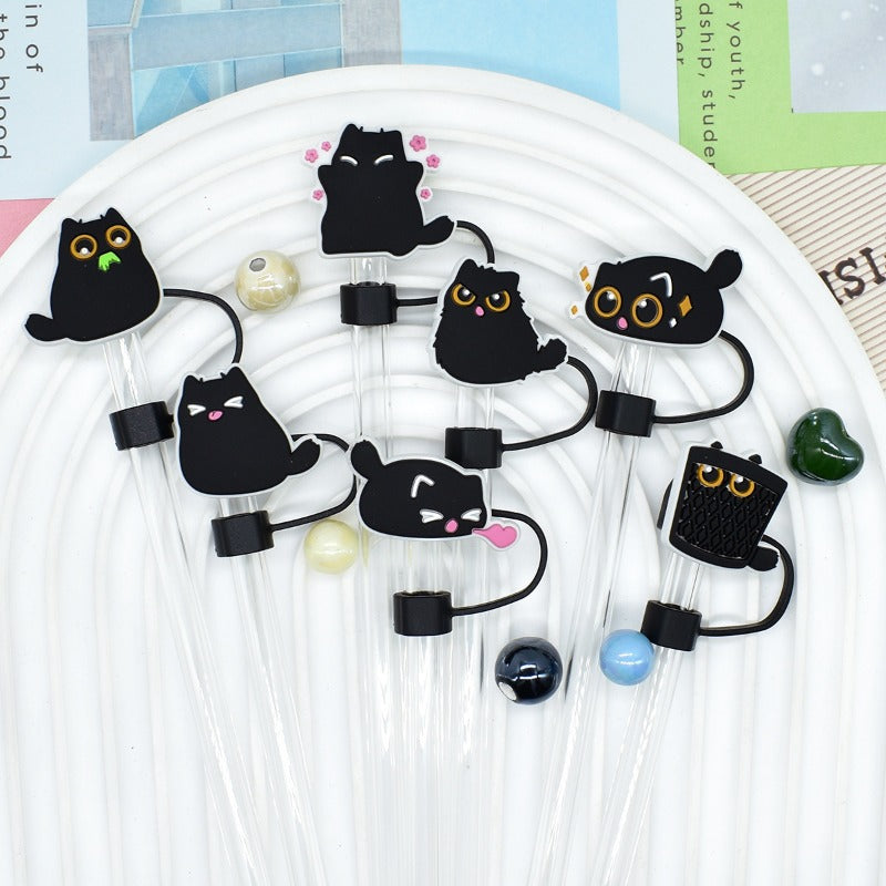 Wholesale Random 100pcs Cartoon Black Cat 10mm PVC Soft Straw Tube Cap ACC-SCR-RYY118