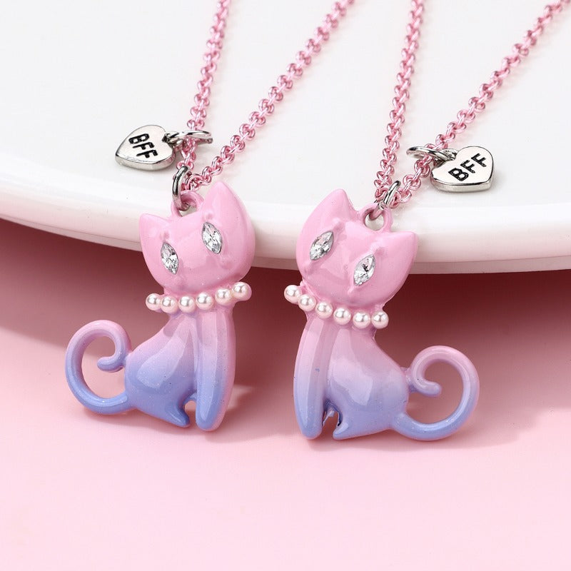 Wholesale Cat Cartoon Pink Gradient Alloy Necklace Set ACC-NE-Hanp007