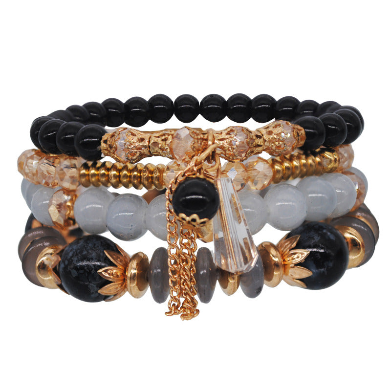 Wholesale Bohemian Handmade Gold Crystal Multi-layer Beaded Bracelet Elastic Rope Women' s Fashion Jewelry