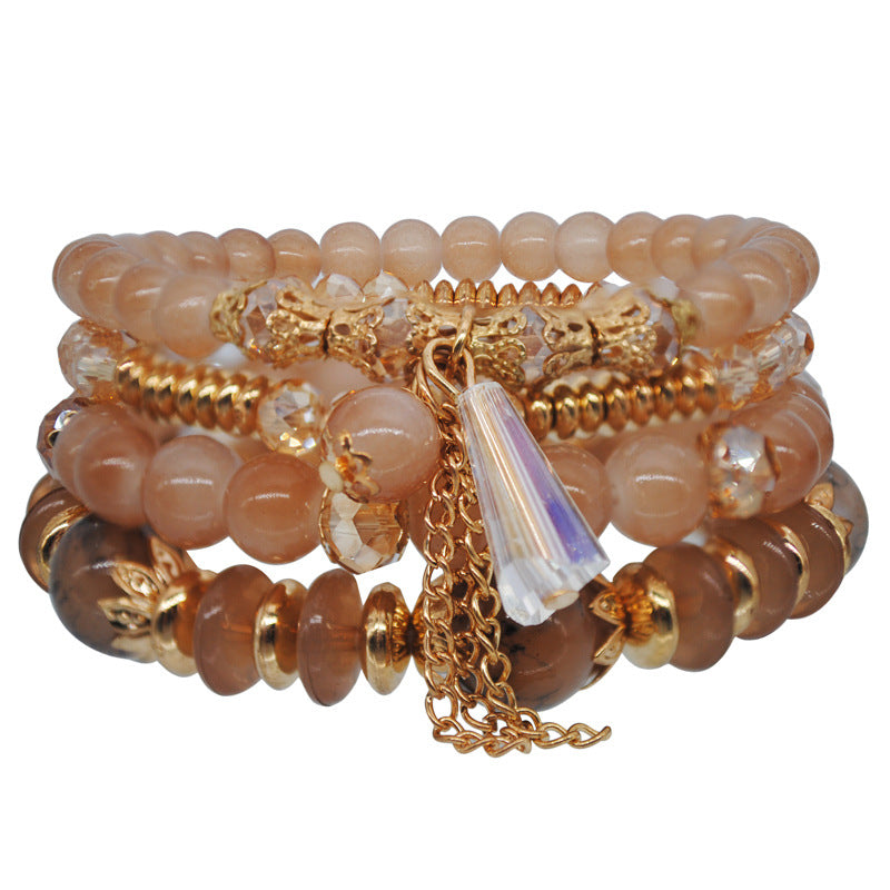 Wholesale Bohemian Handmade Gold Crystal Multi-layer Beaded Bracelet Elastic Rope Women' s Fashion Jewelry