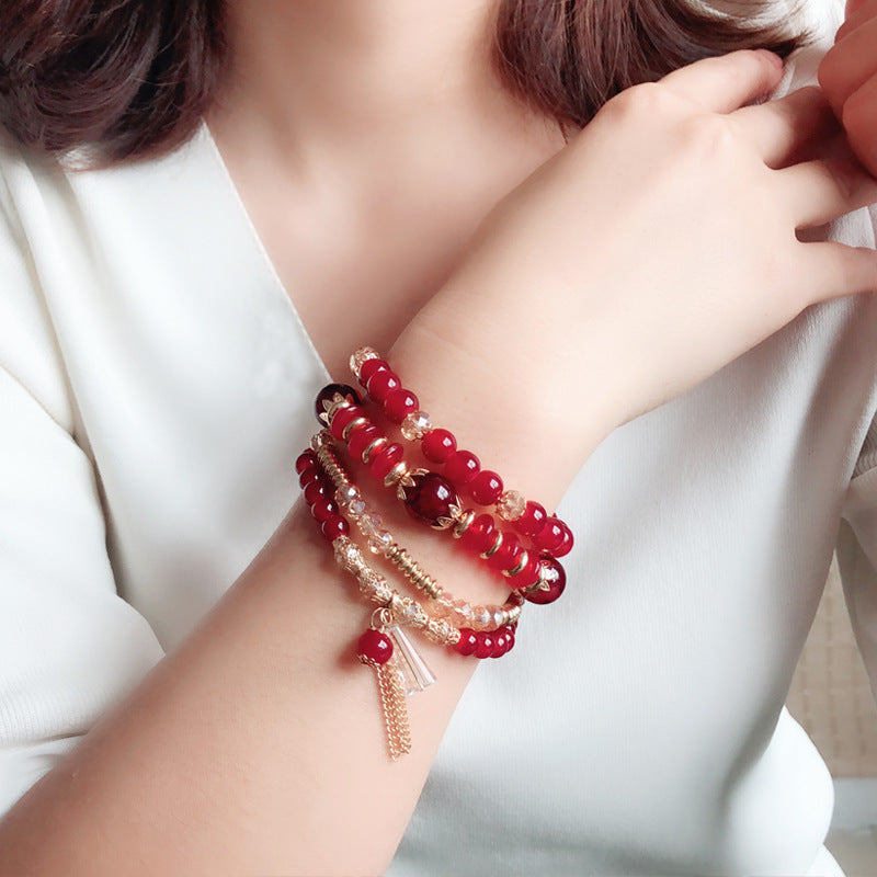 Wholesale Bohemian Handmade Gold Crystal Multi-layer Beaded Bracelet Elastic Rope Women' s Fashion Jewelry