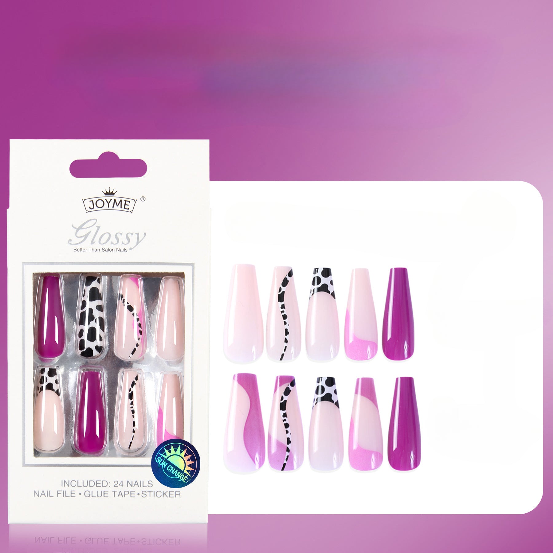 Wholesale Temperature Varying Light Varying Cow Pattern Butterfly Colored Press on Nails Kits 24 Pieces Back Adhesive Plastic Nail Tablets ACC-NS-XKQ025