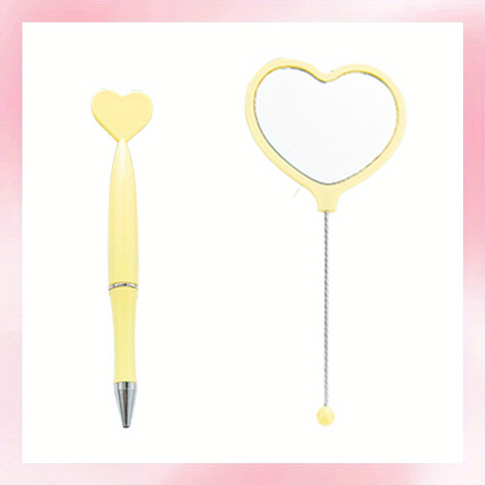 2pcs/set DIY Beadable Handle Mirror and Heart Shaped Pen Combination DIY Gift Office Gift Random Makeup Mirror