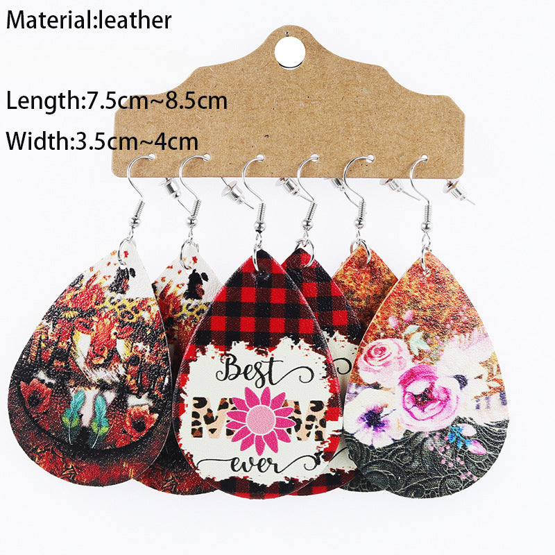 Wholesale Mother's Day Teardrop Shape Leather Floral Earrings Cow Pattern Set ACC-ES-Mijun004