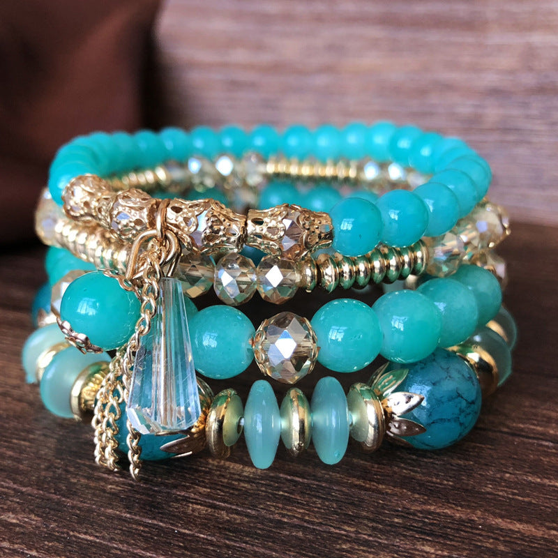 Wholesale Bohemian Handmade Gold Crystal Multi-layer Beaded Bracelet Elastic Rope Women' s Fashion Jewelry