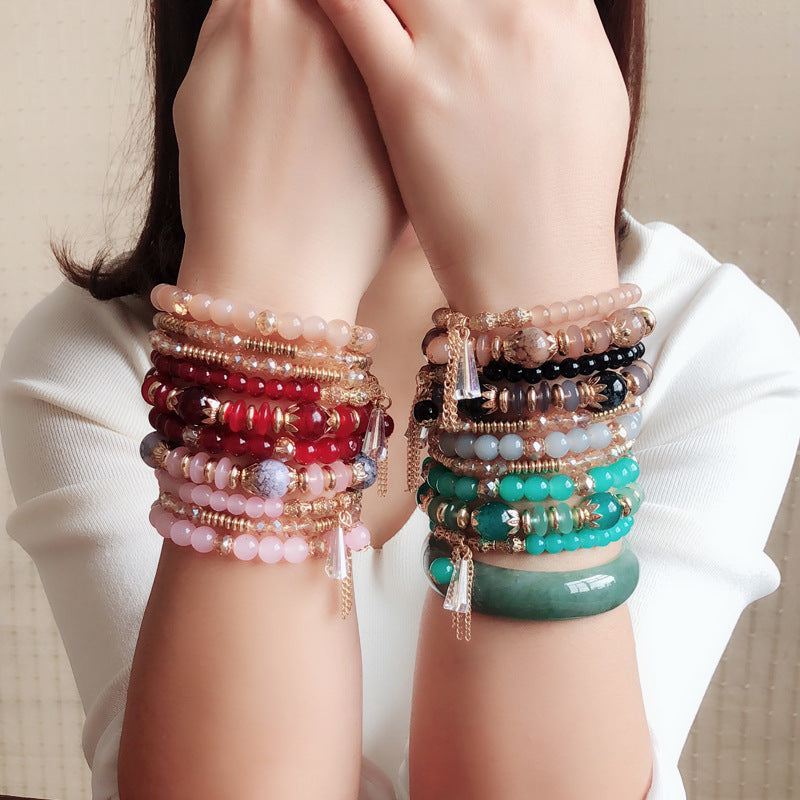 Wholesale Bohemian Handmade Gold Crystal Multi-layer Beaded Bracelet Elastic Rope Women' s Fashion Jewelry