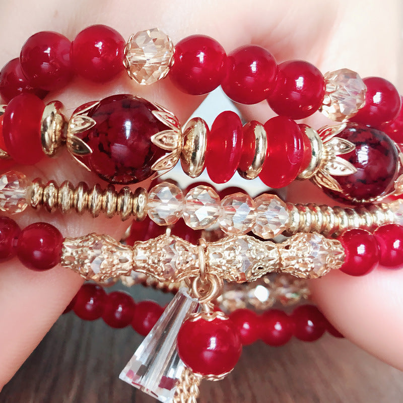 Wholesale Bohemian Handmade Gold Crystal Multi-layer Beaded Bracelet Elastic Rope Women' s Fashion Jewelry