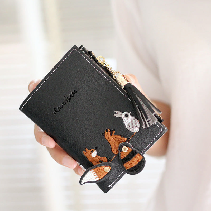 Wholesale Embroidery Thread Cute Cartoon Tassel Zipper Folding Wallet