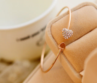 Wholesale full diamond heart shaped love open gold plated bracelet