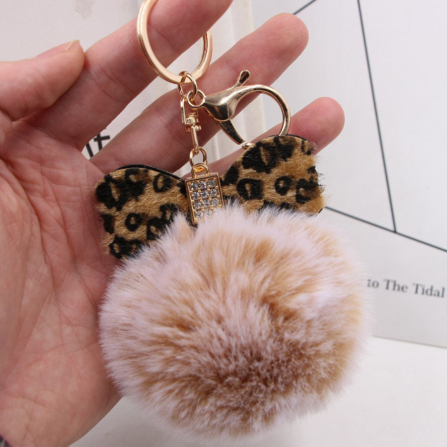 Wholesale 8CM Leopard Print Bow Fur Ball Alloy Keychain
