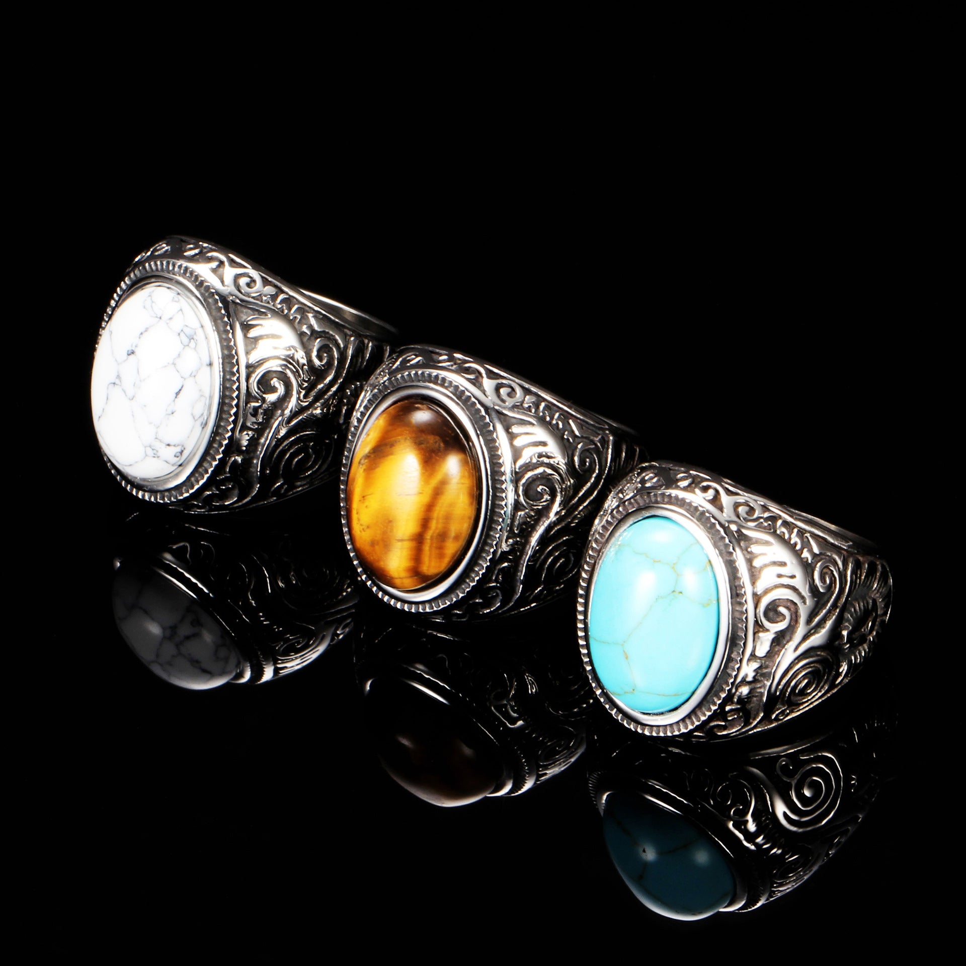 Wholesale Vintage Turquoise Cracked Titanium Steel Rings ACC-RS-ZhongZhe001