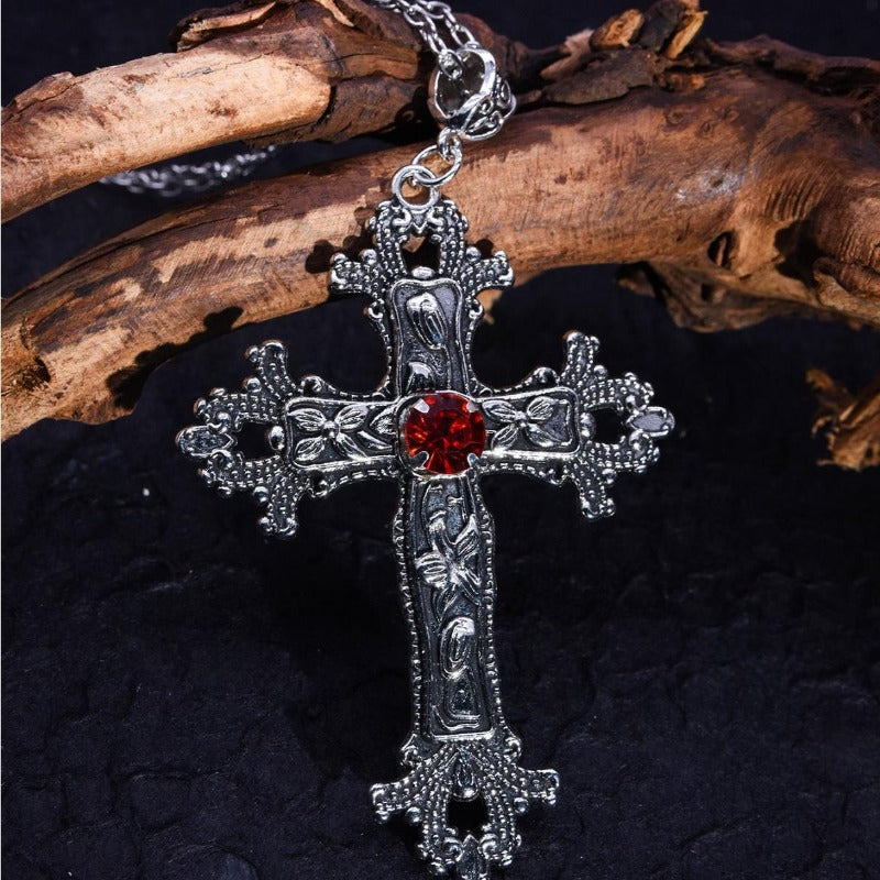 Wholesale Vintage Gothic Punk Style Gemstone Cross Pendant Necklaces ACC-NE-GaoTu002