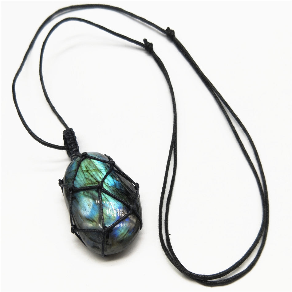 Wholesale Moonstone Labradorite Raw Stone Braided Pendant Necklace Crystal ACC-NE-Nius004