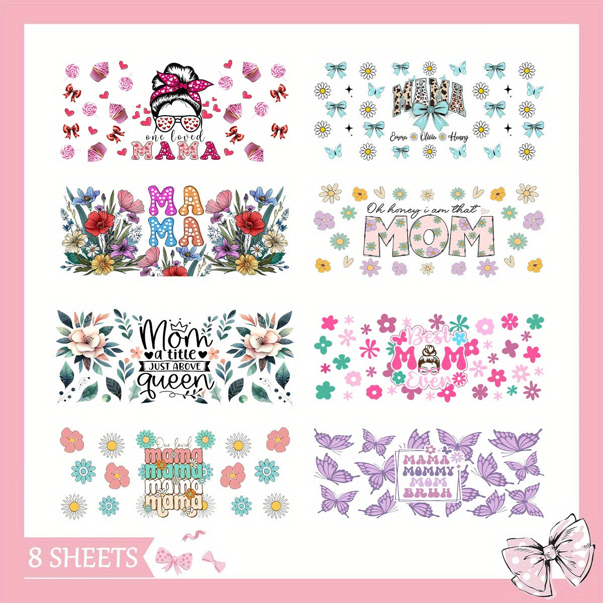 8pcs MAMA UV DTF Cup Wraps Rub-On Transfer Paper, High-Quality UV DTF Cup Wraps for 16 OZ Libbey Glass Can, Water Bottle, Cup - Waterproof, Durable Plastic Material, DIY Decoration