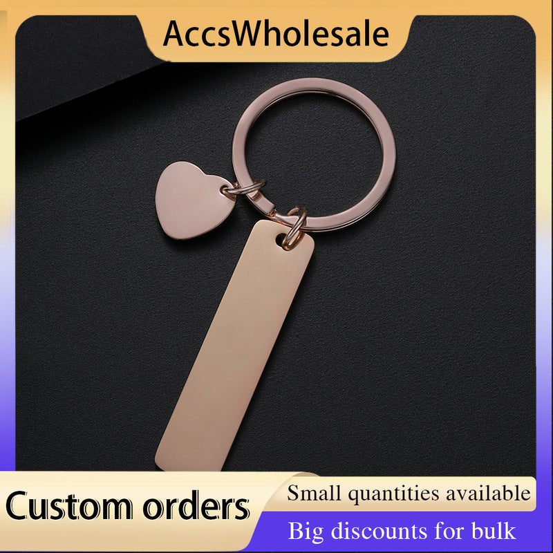 Custom Keychain with Laser Engraved Text or Logo - Multi-color Long Strip Oblique Heart Charm Metal Keychain