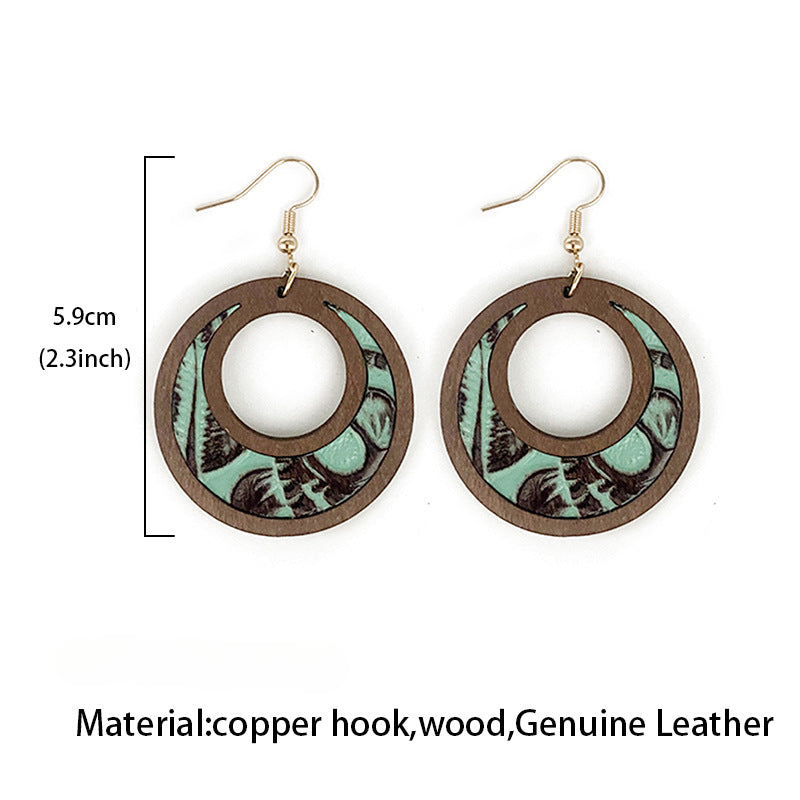 Wholesale Western Hollow Wood Inlay Genuine Leather Earrings ACC-ES-XinChuan055