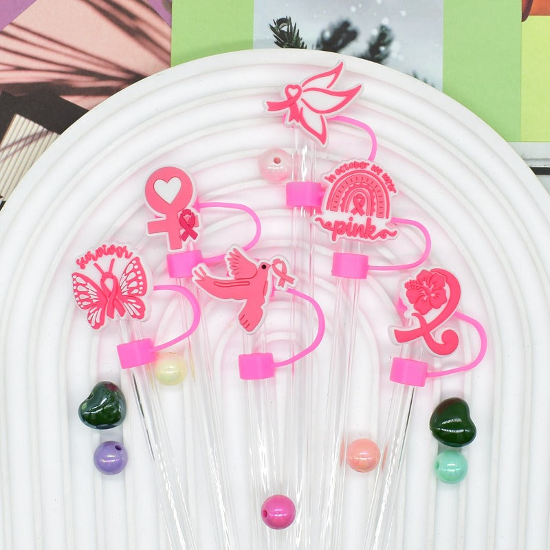 Wholesale Random 100pcs Pink Theme 10mm PVC Soft Straw Tube Cap ACC-SCR-RYY125