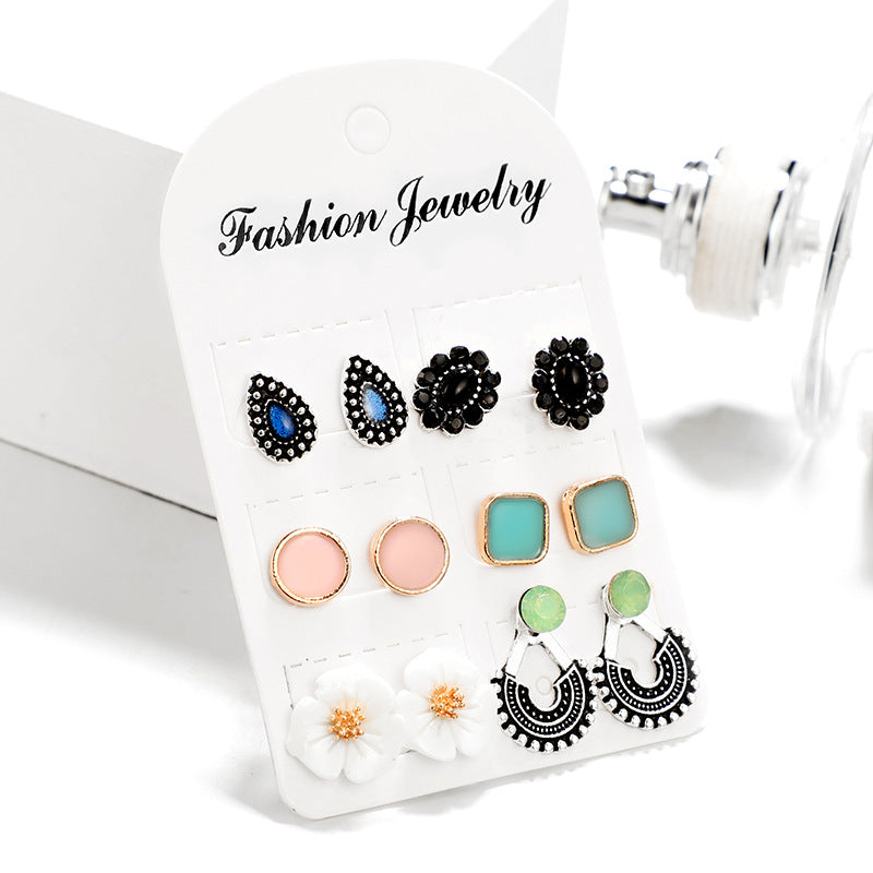 Wholesale Bohemian flower water drop geometric alloy oil drop earrings six pairs set ACC-ES-LingGe002