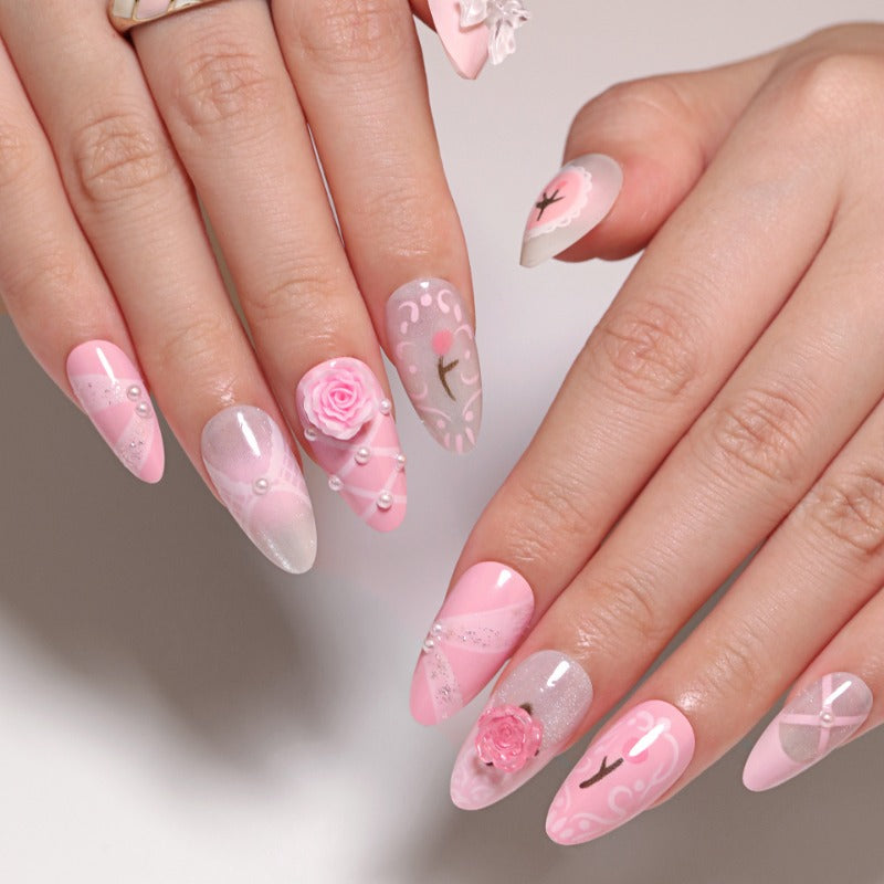 Wholesale 24 Pieces/box Pink 3D Flower Nails Kits Nail Stickers ACC-NS-LeFan244