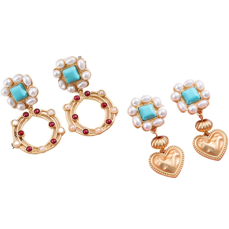 Wholesale Turquoise Matte Gold Love Heart Color Shell Zinc Alloy Earrings ACC-ES-KJ006