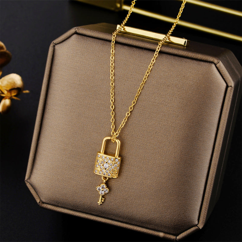 Wholesale Tassel Micro-diamond Longevity Lock Titanium Steel Necklace ACC-NE-Kouz005