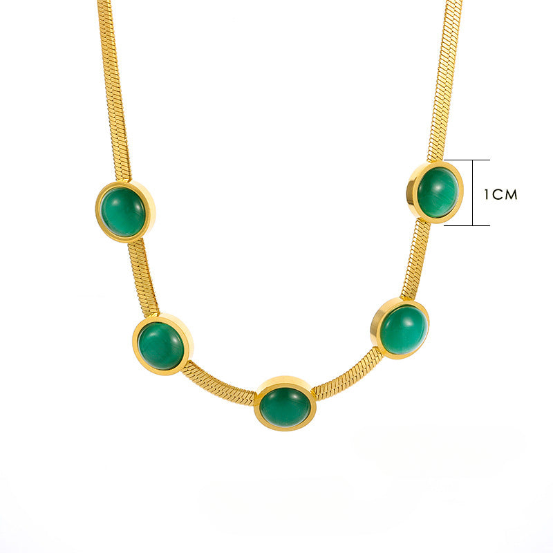 Wholesale Vintage Emerald Necklace Cat's Eye Jewelry Set Titanium Steel Necklace 18k Gold Bracelet Earrings ACC-NE-YiSheng006