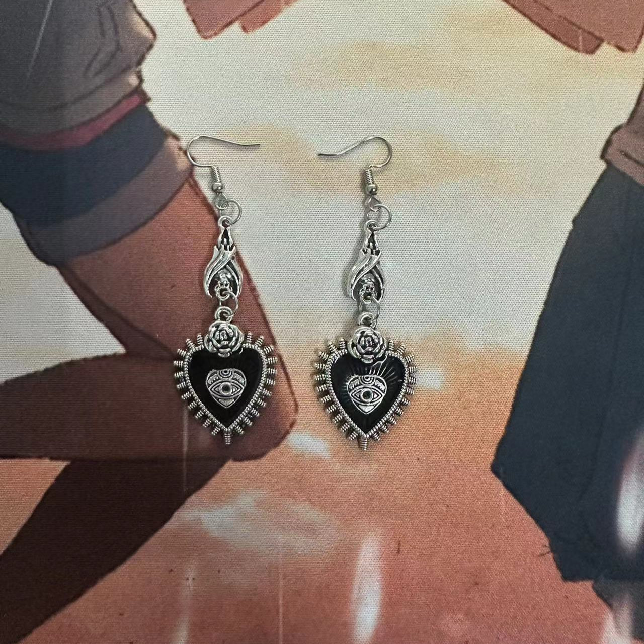 Wholesale Goth Theme Punk Wild Rose Flower Heart Shape Oil Drop Bat Earrings ACC-ES-MLR008