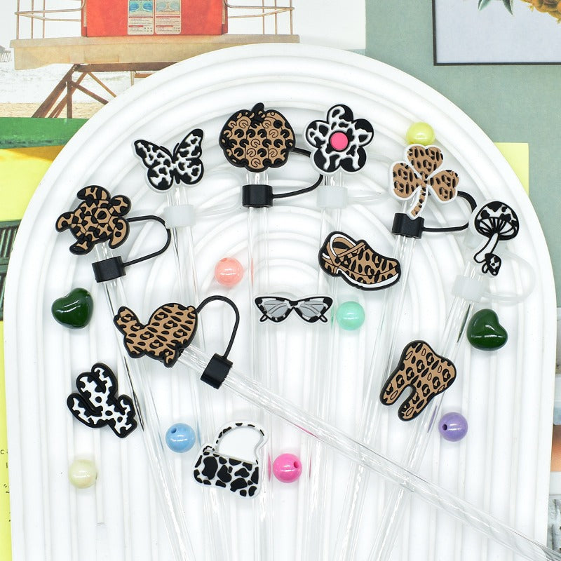 Wholesale Random 100pcs Leopard Print Series 10mm PVC Soft Straw Tube Cap  ACC-SCR-RYY116
