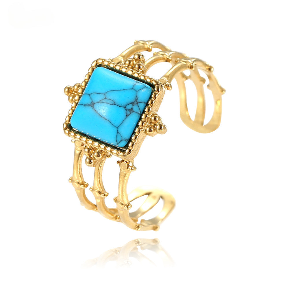 Wholesale Gold Plated Turquoise Bamboo Stainless Steel Open Ring ACC-RS-MiYi008