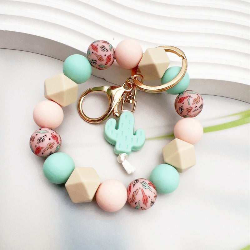 Wholesale Cactus Printed Silicone Beaded Keychain ACC-KC-JiuYa003