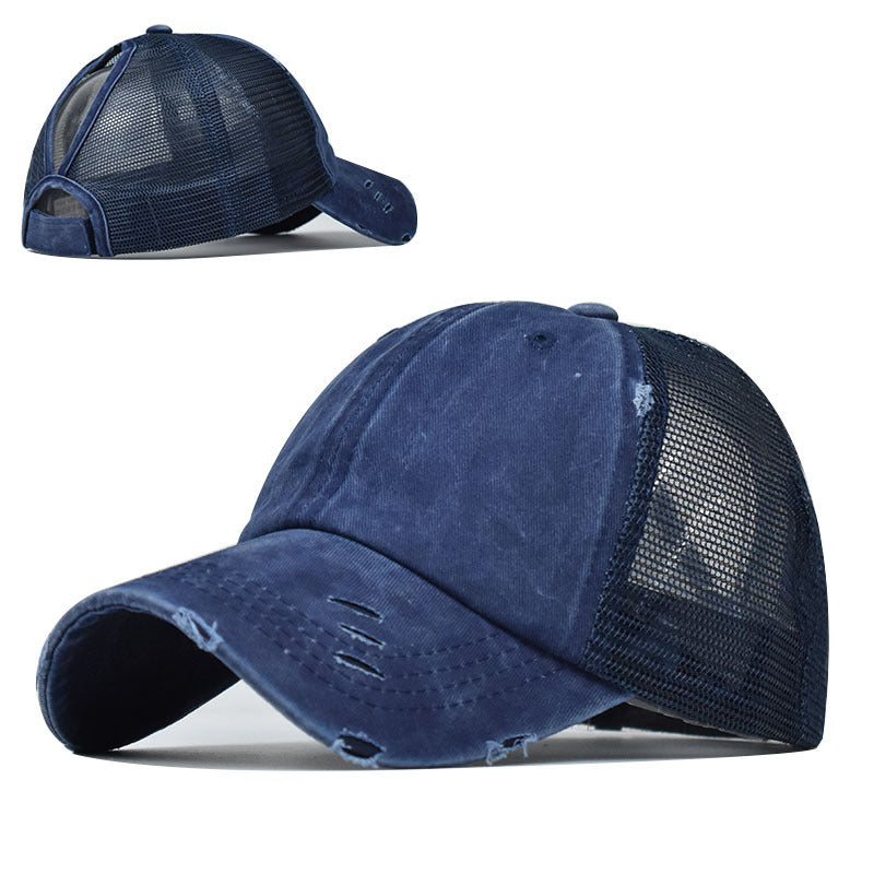 Wholesale Fashion Distressed Ponytail Baseball Cap For Women Curved Brim Adjustable Mesh Sun Hat Outdoor