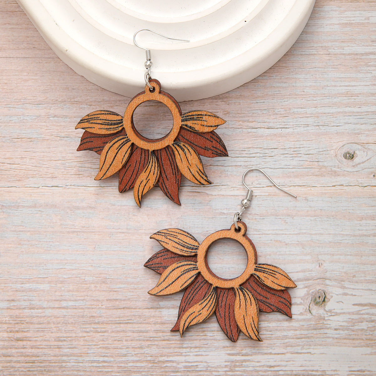 Wholesale  Boho Style Retro Sunflower Hollow Wooden Earrings