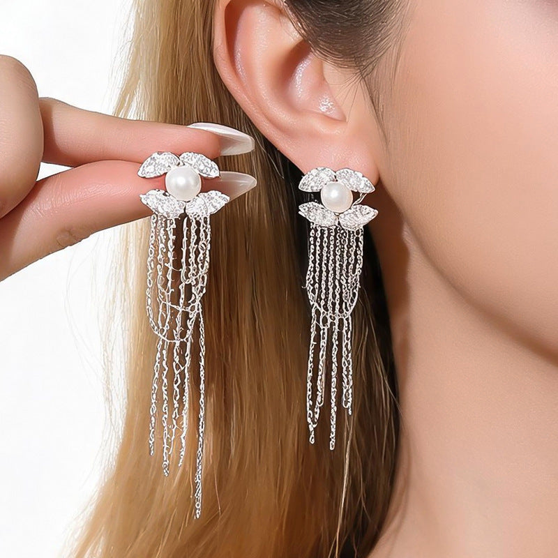 Wholesale Silver Needle Zircon Pearl Leaf Tassel Earrings for Party Wear Jewelry Accessory