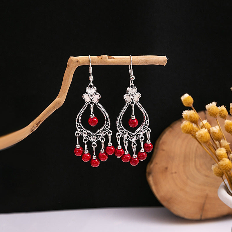 Wholesale Alloy Drop Earrings,  Red Tassel Bohemian Style,  Boutique Resale Jewelry Accessory