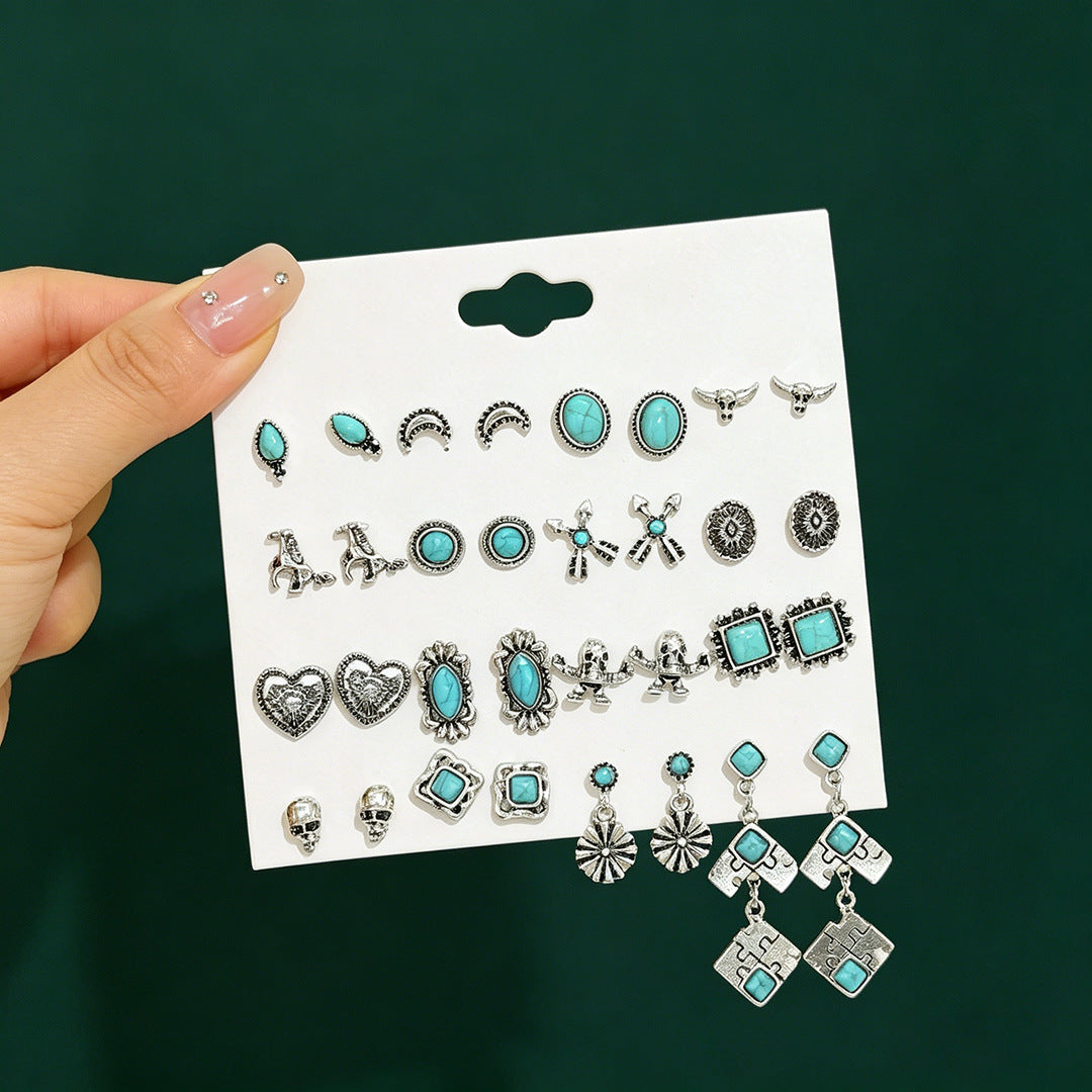 Wholesale Retro Inlaid Imitation Turquoise Earring Set Zinc Alloy Electroplated Fashion Accessory
