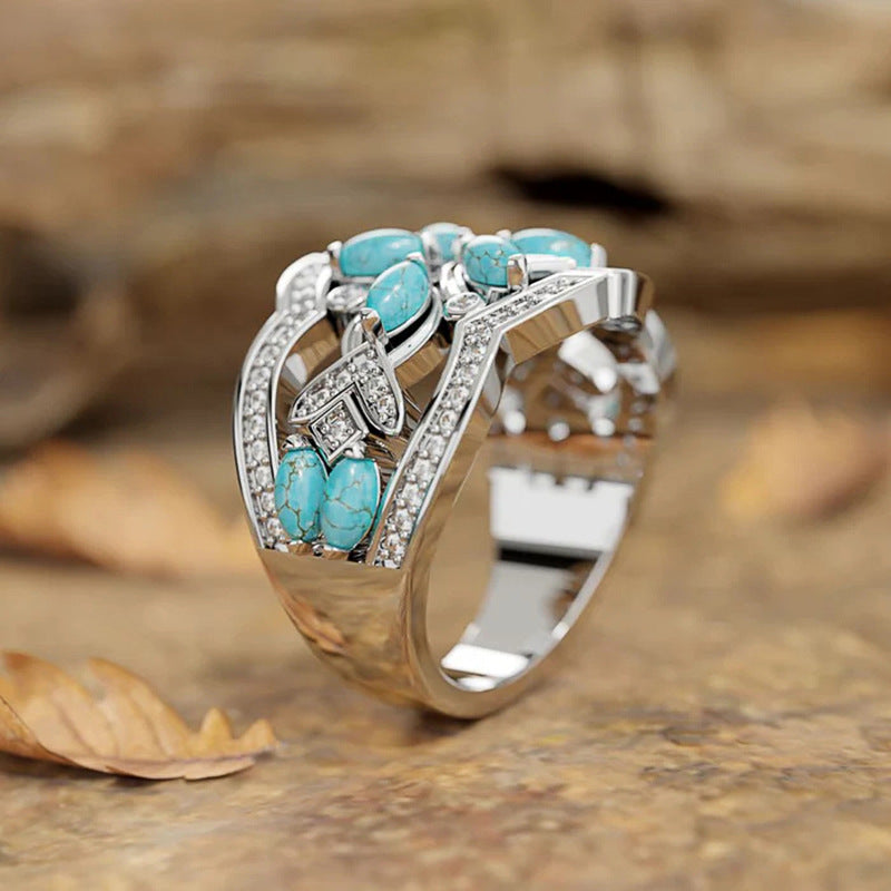 Wholesale New ethnic-inspired exotic ring,  delicate marquise floral design,  niche retro and artistic ring band.