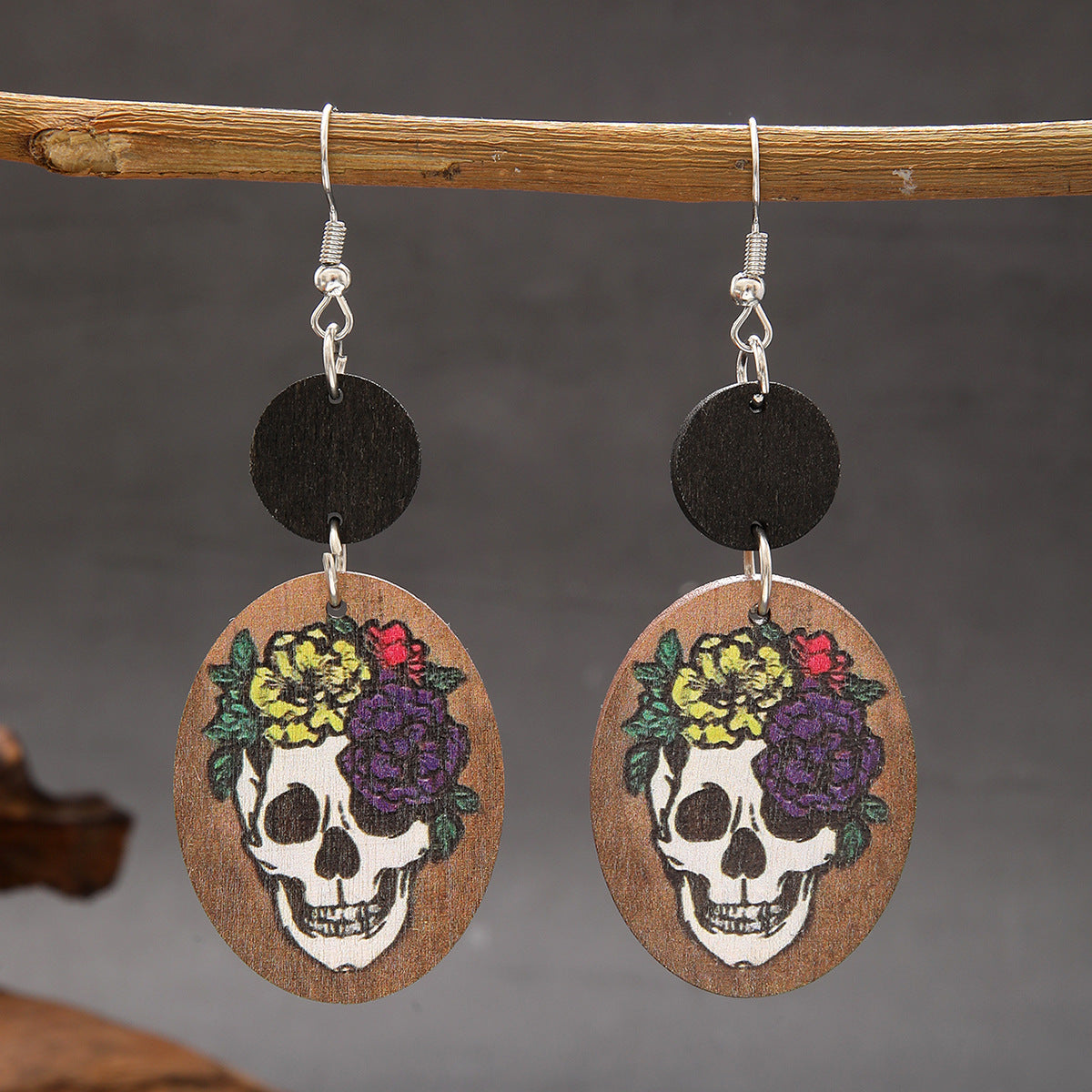 Wholesale Wood Flower Skull Pumpkin Earrings