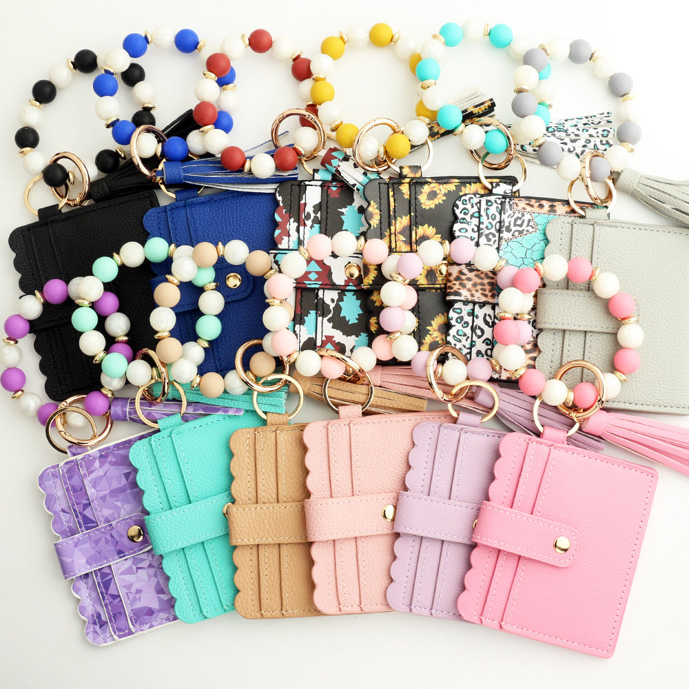 Wholesale  PU  wallet silicone bead bracelet card holder Wristlet Keychain