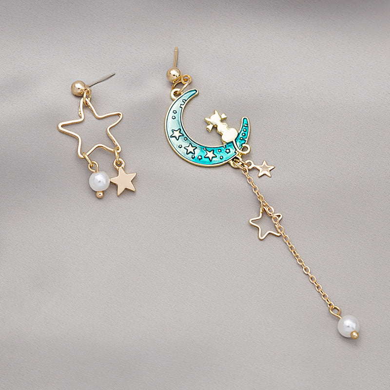 Wholesale Dripping Oil Gradient Asymmetric Cat Moon Star Long Tassel Earrings Fashion Jewelry Accessory Gift